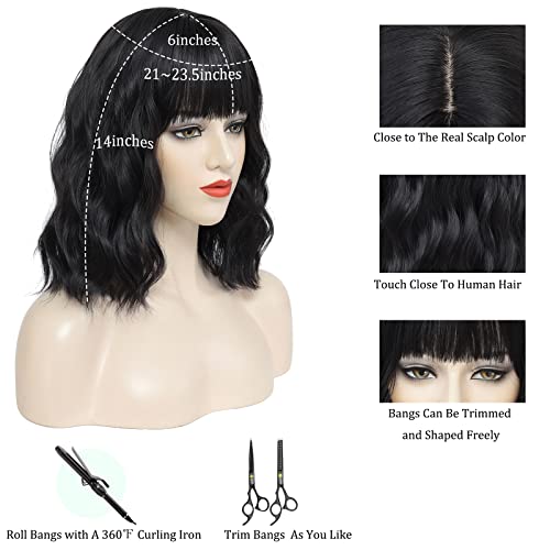 SDTKTR Вълнообразни черна перука-каре с бретон с дължина до раменете, къдрави перуки-каре за жени, синтетични перука от естествена бретон за ежедневна употреба, 14 инча