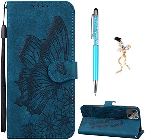 SUPWALL Предназначен за Samsung Galaxy A54 5G Чанта-портфейл | Кожен калъф-книжка с релефни във формата на пеперуда и цвете на Допир |Държачи за карти, Поставка за каишка за китка