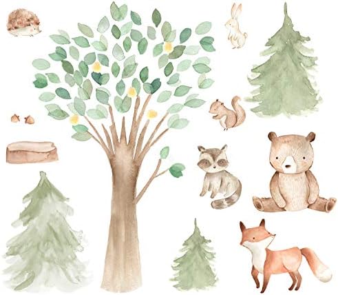 Лесовъдство, Акварел Стикер на стената Дъб Бор Животни Същества - Мечка, Лисица, миеща мечка, Заек, Катерица, Таралеж Тъканни етикети за детска #3061 (Дърво с височина 10