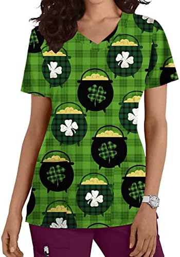 Дамски тениски Scrub_Tops на Свети Патрик с принтом на Сърцето и Щастлива Централи с джобове, Риза с кръгло деколте и