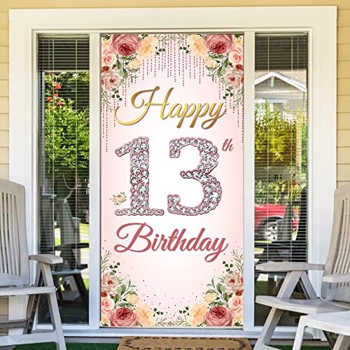 HTDZZI 13th Birthday Врата Фон Банер, Украса от 13-Ти Рожден Ден за момичета, Розово Злато, Цветя 13-Годишният Знак за