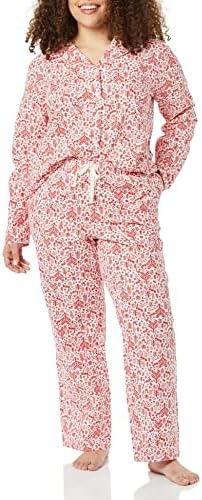Жена Фланелевый Пижамный комплект Essentials с дълги ръкави и копчета Отпред и панталони