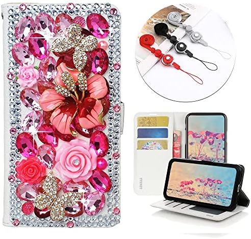 Чанта-портфейл STENES Bling за телефон, съвместим с Samsung Galaxy Z Fold 3 5G Case - Стилен - Кожен калъф с 3D цветя и ръчно изработени цветя пеперуда с каишка на шията [3 опаковки] - Ярко-?