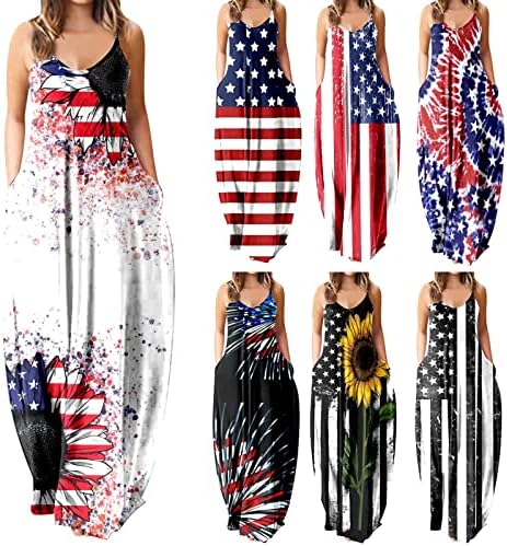 На 4 юли, Макси-рокли за жени, Ежедневна Лятна Рокля в стил Бохо, Флаг на САЩ, С Кръгло деколте, В Бретелях, Без ръкав,