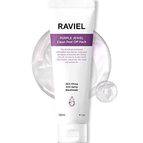RAVIEL Purple Jewel Clean Peel Off Mask Pack, Средство за премахване на черни точки 3 в 1, 4.1 на течни унции, Екстракт от witch hazel и перли, Почиства, Свива Разширени пори, против стареене