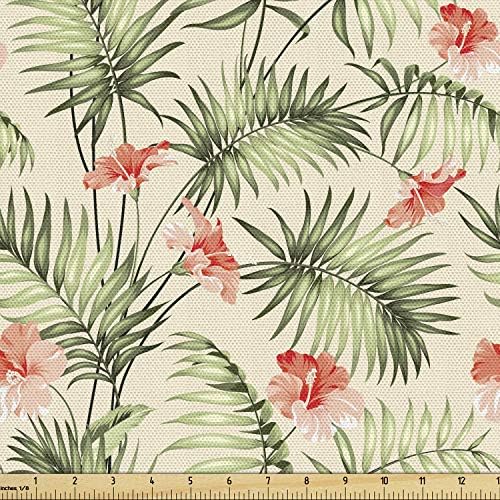 Плат Ambesonne Leaf by The Yard, Хавайски Природен Модел Алоха с Елементи на Тропическите гори, Палмови Клони, Хибискус, Декоративна тъкан за тапицерия на мебелите и акцентите