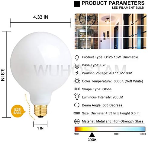 Led лампа с регулируема яркост мощност 15 W, голям Глобус, 3000K, мек Бял, 90 W, Еквивалент 900LM E26, Реколта led лампи