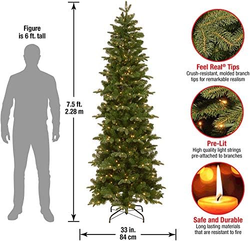 Изкуствена Коледна елха Tree National Company с предварителна подсветка | Включва Предварително нанизани Бели Гирлянди и Поставка | Prescott Молив Slim - 7,5 метра