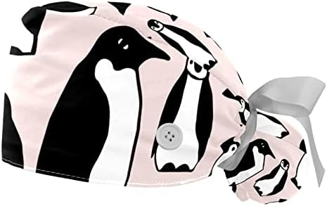2 Бр., Шапки-Скраб за медицински Сестри, Жена с Дълга Коса, Регулируема Работна Шапчица с Шарките на Пингвин, Пуговица