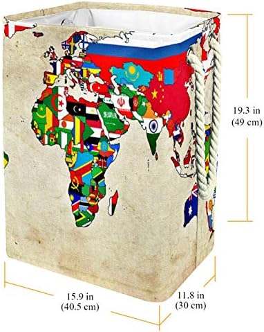 Кошница за дрехи MAPOLO Ретро Флаг с Карта на света, Сгъваема Кошница за съхранение на бельо с Дръжки, Подвижни Скоби,