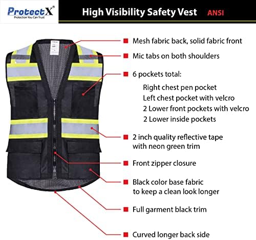 Защитна жилетка ProtectX с цип отпред с 6 джоба Повишена видимост със светлоотразителни ивици, сертифициран ANSI / ISEA
