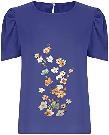 Летни Съкратен Блузи за Жени С Пищни Ръкави, Свободни Тениски с Къс Ръкав, Летни Ежедневни Ризи с Кръгло деколте и Цветисти